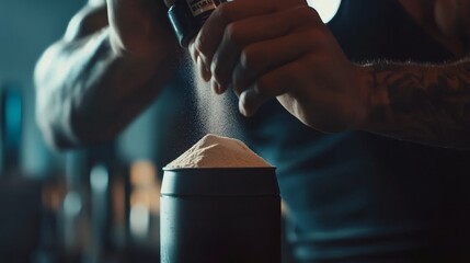 Protein powder being poured into a container.