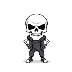 a skull wearing a leather jacket, standing with its hands on its hips and a stern expression.