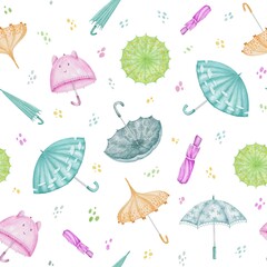 Seamless pattern with watercolor umbrellas on the white background. Perfect for textile, fabric, wrapping, bedding, children illustration, stationery, home decor, backdrop, clothing, wall hanging