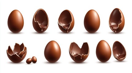 Fototapeta premium Chocolate eggs set. Isolated whole, broken, exploded, cracked and open brown eggs collection. Realistic sweet chocolate candy dessert icons. Vector Easter holiday celebration concept