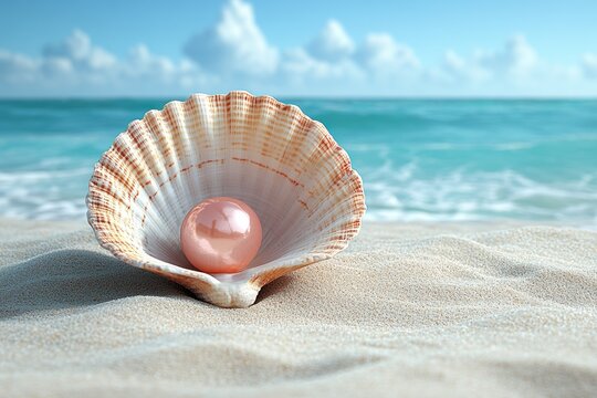 A delicate pink pearl nestled in a seashell on a serene beach with waves