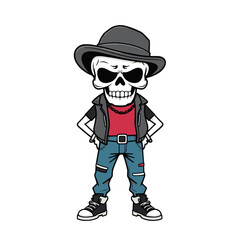 a skull emoji wearing a hat, a red shirt, blue jeans, and black and white sneakers.