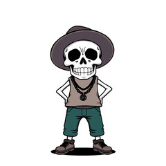 a skull emoji wearing a hat, vest, and pants, with a necklace around its neck.