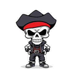 a skull emoji wearing a pirate hat, a leather jacket, and boots.