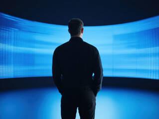 person stands before large blue digital screen, creating futuristic scene