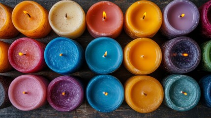 Fototapeta premium Making handmade. A variety of colorful handmade candles arranged neatly on a wooden surface. Each candle has a different shape color, showcasing diversity creativity of candle-making process