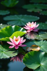Water lily pond with large water lily leaves and flowers, nature scenes, aquatic plants