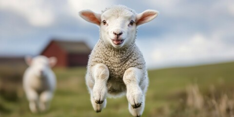 Fototapeta premium Joyful lambs leaping in a green meadow nature photography farm setting playful atmosphere