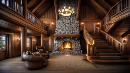 Obraz premium Inviting Mountain Cabin Interior Featuring Natural Wood Design
