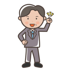 ガッツポーズでやる気満々な中年の男性ビジネスマンの全身イラスト