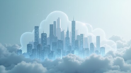 Obraz premium Visions of a Futuristic City Emerging Through Soft Clouds at Dawn