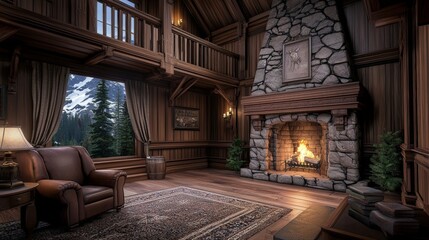 Obraz premium Cozy Mountain Cabin Interior with Natural Wood and Stone Fireplace