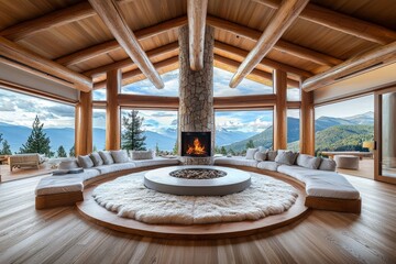 Obraz premium Spacious Modern Cabin Living Area with Stone Fireplace and Views