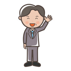 笑顔で手を振る中年の男性ビジネスマンの全身イラスト