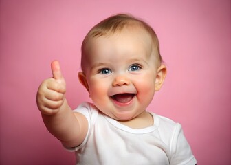 Cute baby giving thumbs up with a joyful expression and pink background