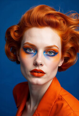 A dramatic portrait focused on the model&rsquo;s piercing orange eyeshadow and intricate blue eyeliner, with soft flames reflecting in her irises. Her fiery orange hair is styled into windswept waves