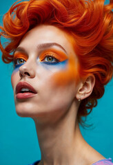 A dramatic portrait focused on the model&rsquo;s piercing orange eyeshadow and intricate blue eyeliner, with soft flames reflecting in her irises. Her fiery orange hair is styled into windswept waves