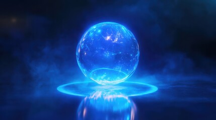 Glowing sphere hologram on blue background. Metaverse and future concept. 3D Rendering