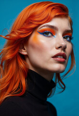 A dramatic portrait focused on the model&rsquo;s piercing orange eyeshadow and intricate blue eyeliner, with soft flames reflecting in her irises. Her fiery orange hair is styled into windswept waves