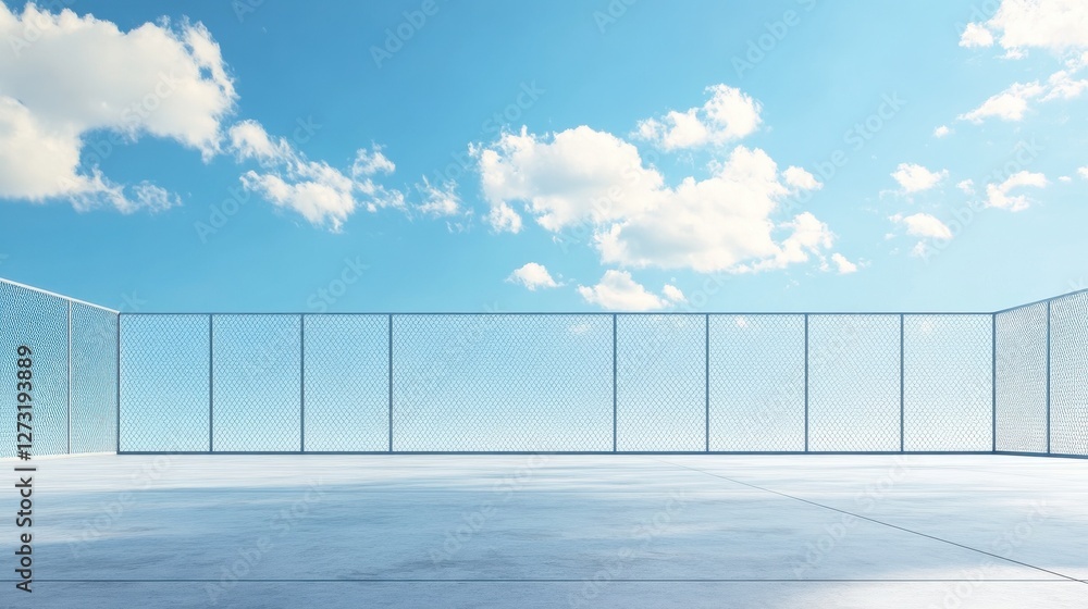 Poster blank open air presentation stage with glowing light between fence and floor and blue sky on backgro