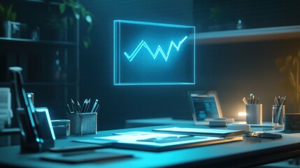 A futuristic single-line graph hologram floating above a desk, surrounded by minimalist business tools, glowing with soft blue light.