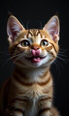 Fototapeta premium Adorable golden tabby kitten with big eyes and a playful expression, perfect for pet-related marketing, social media posts, and content about animal care.