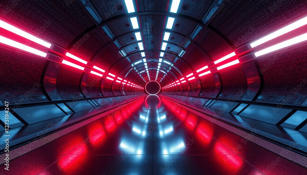 Poster futuristic tunnel vision. advanced technology and exploration. red and blue led illumination creates