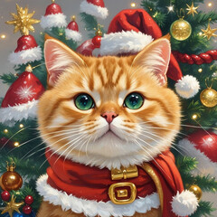 Cute Yellow Cat Wearing a Christmas Hat, Festive and Cheerful