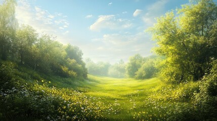 Abstract spring landscape with greenery and gentle breeze