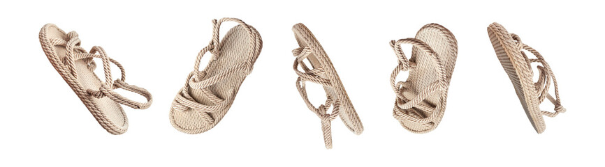 Summer female wicker sandals isolated on white background. With clipping path. Cut out objects for design, Mock up. Fashionable trendy Handmade Eco-friendly natural shoes 