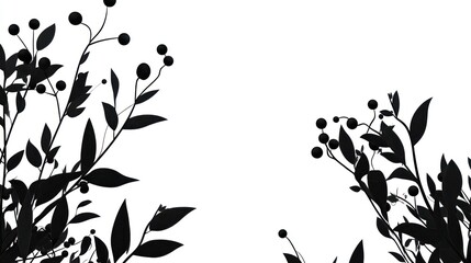 Black silhouette branches, berries, white background, design element