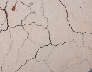 Fototapeta premium Cracked Earth Texture. Dry Surface Pattern. Beige Background with Dark Jagged Cracks. Arid Landscape Detail. Desolate Environment. Natural Texture. Abstract Design Element. Rust Staining.