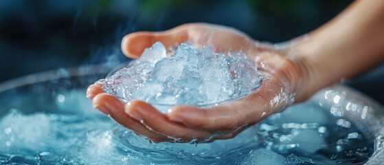 Fototapeta premium Close-up of a hand carefully dipping into a transparent glass bowl filled with chilled ice water to provide cooling relief and soothing treatment for sunburned or overheated skin on a hot summer day.