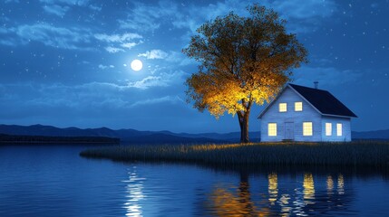 Fototapeta premium Serene night scene of a cozy house by a tranquil lake under a full moon