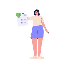 Insurance Vector illustration. Character woman with signing Guarantee. Concept of Insurance Services, Protection Property, Accident for Web Design, UI, Banners