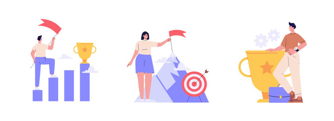 Best employee with winner cup. Set of career success, target, achieving goals. Reward program and receiving rewards. People earn reward loyalty, bonus, business award. Vector flat design