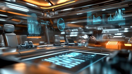 A high-tech business analyst using holographic floating graphs in a futuristic meeting room with metallic interiors.