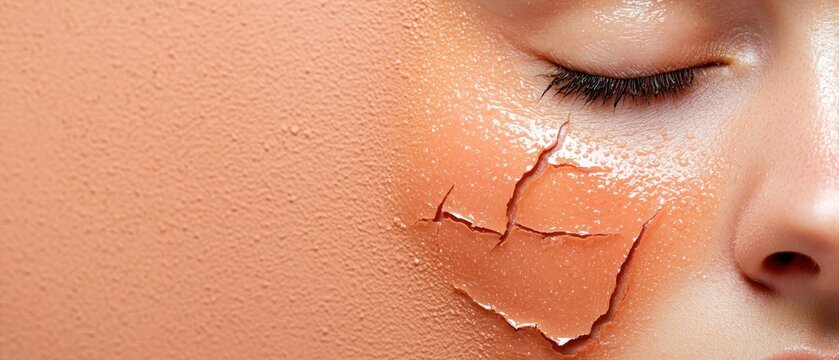 Extreme Closeup of Sunburned and Peeling Skin Texture. Detailed view of dry, reddish, sun-damaged epidermis with flaking, peeling surface and visible skin pattern.