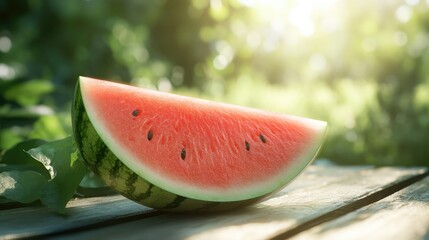 Juicy Watermelon Slice on Wooden Table, Summertime Refreshment