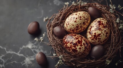 Obraz premium easter eggs beautiful and tasty delicacy treat for the festive table snack healthy meal top view copy space for text food background rustic image