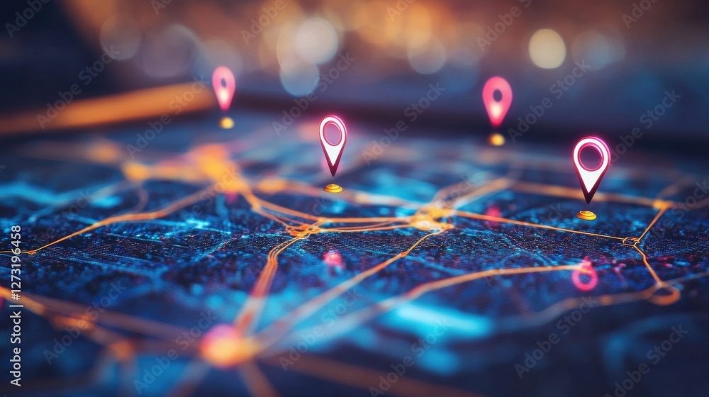 Poster technology and global connection concept. close up of digital map with location pins and laptop on b