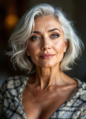 Fototapeta premium Portrait of a beautiful mature woman with gray hair and blue eyes. Elegant Woman with Short Gray Hair