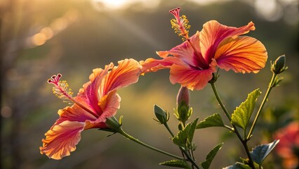 Fototapeta premium Hibiscus Blooms: Capturing the vibrant beauty of two hibiscus flowers bathed in the warm glow of sunlight, showcasing their delicate petals and intricate details. 