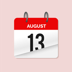 13th August daily calendar icon template. August 13 day calendar design. Single day calendar in vector illustration flat style.