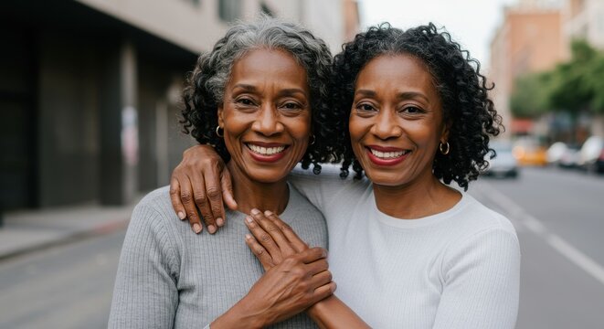 Twin Sisters Embrace in City Street - Powered by Adobe