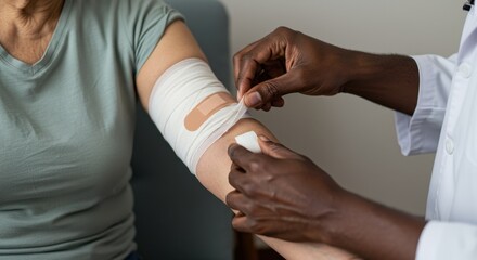 Obraz premium Medical Professional Applying Bandage to Patient's Arm