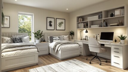 Modern bedroom design featuring twin beds, workspace, and natural lighting