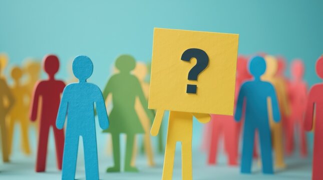 Colorful Paper Cutouts of People With One Holding a Question Mark in a Crowd Setting - Powered by Adobe