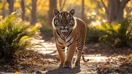 Majestic tiger walking on pathway in lush forest wildlife photography natural habitat close-up view