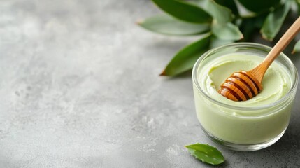 Fototapeta premium Homemade Aloe Vera and Honey Cooling Face Mask for Refreshing and Soothing Skin Pampering. Natural, organic skincare treatment for a calming, relaxing spa experience at home.